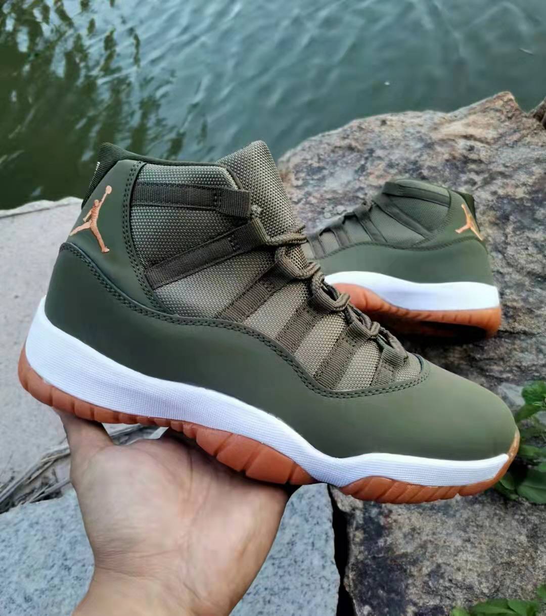 2022 Air Jordan 11 Olive Green Gold Brown Shoes